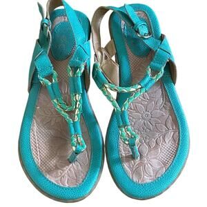 B.O.C. Women’s T-Strap Sandal, Teal Green/Metallic Gold, Braided, Size 6M
